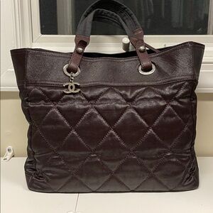 Authentic CHANEL Paris Biarritz Coated Canvas Tote Bag Burgundy